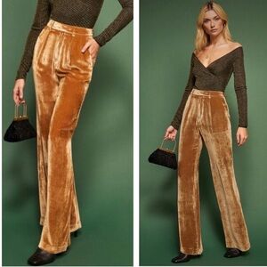 REFORMATION Wes velvet wide leg Gold dress pants Sz. 8 Silk Blend